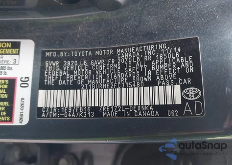 2015 Toyota Corolla Le z USA, uszkodzony, nr VIN 2T1BURHE2FC315480